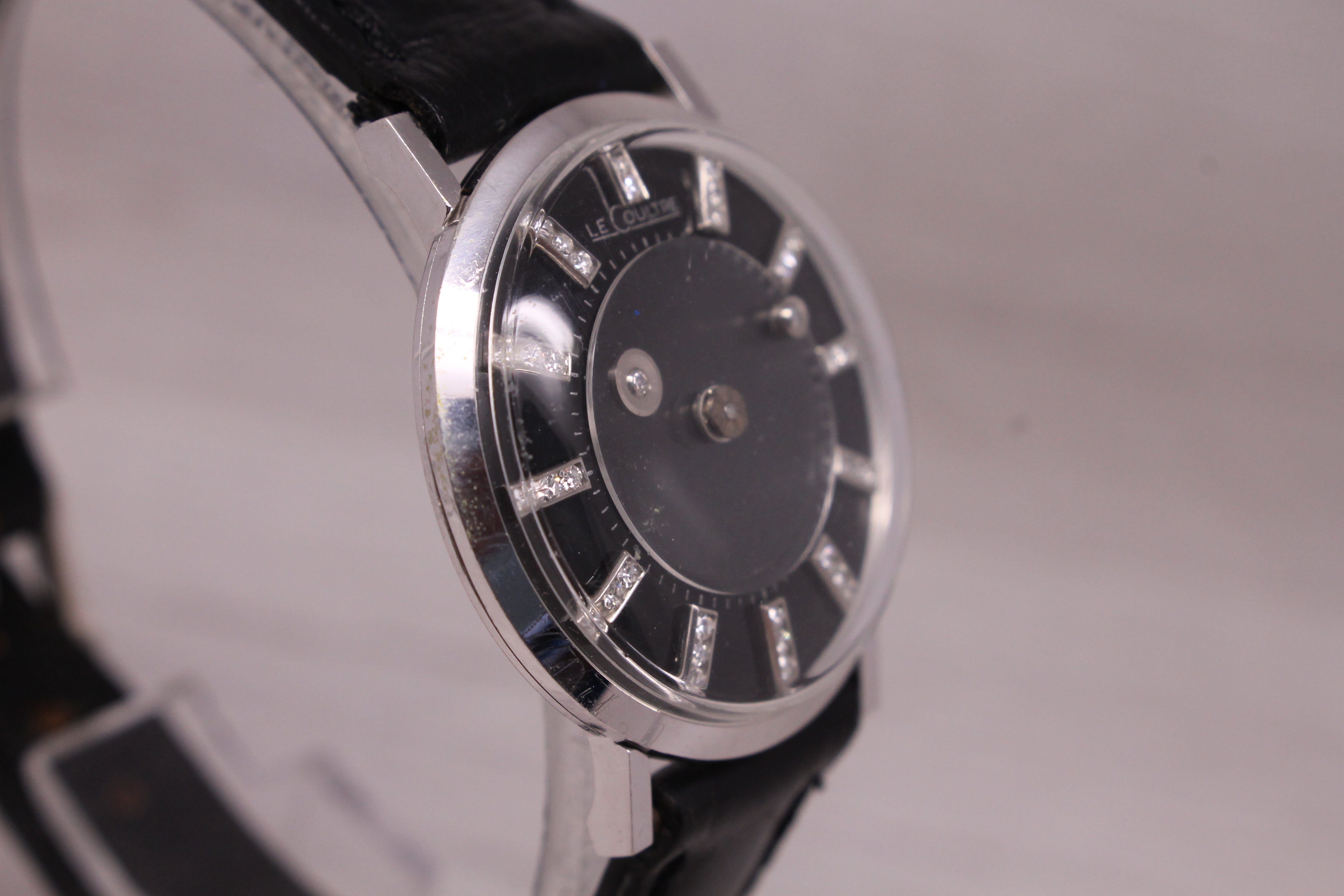 Rosy Brown Vintage 1960s LeCoultre Mystery Dial 14k White Gold Diamond Dial Mens Watch