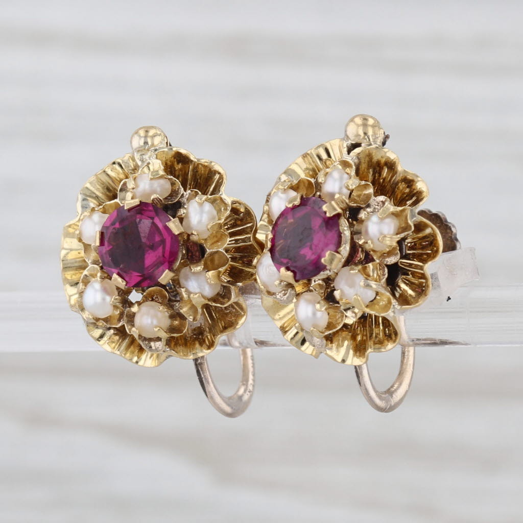 Antique Garnet Pearl Flower Non Pierced Earrings 14k Gold Gold Filled Sterling