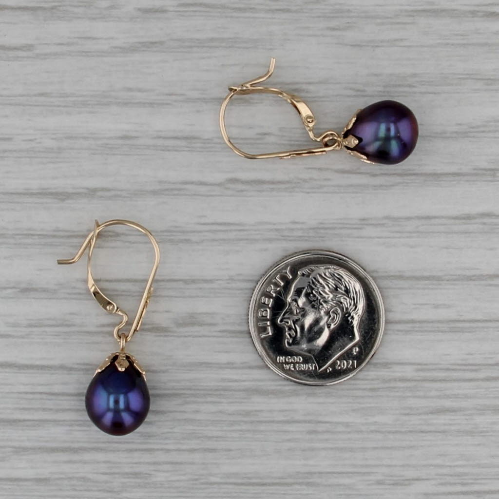Cultured Black Pearl Drop Earrings 14k Yellow Gold Lever Backs