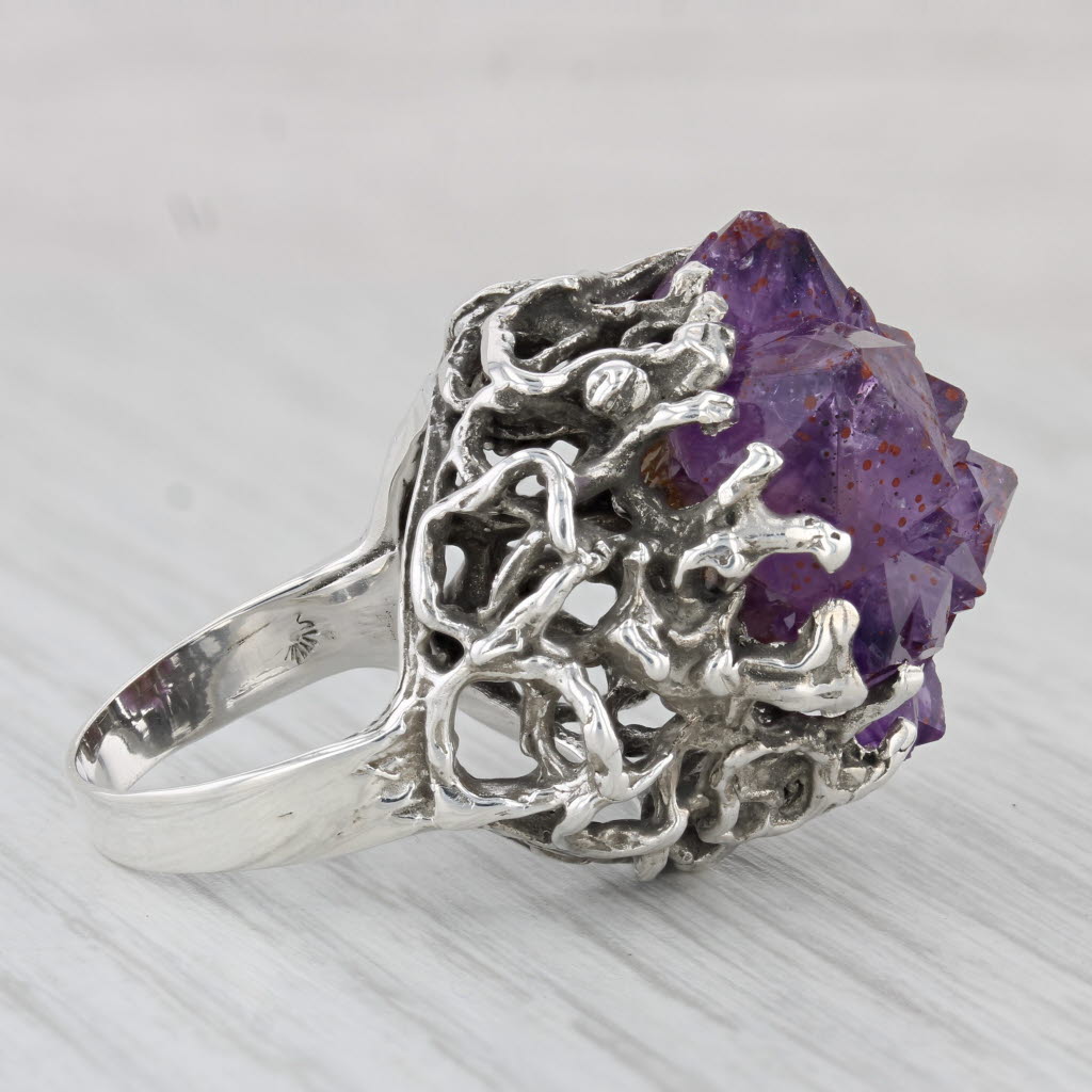 Light Gray Vintage Amethyst Crystal Ring Sterling Silver Size 7.5 Statement Cocktail Gothic
