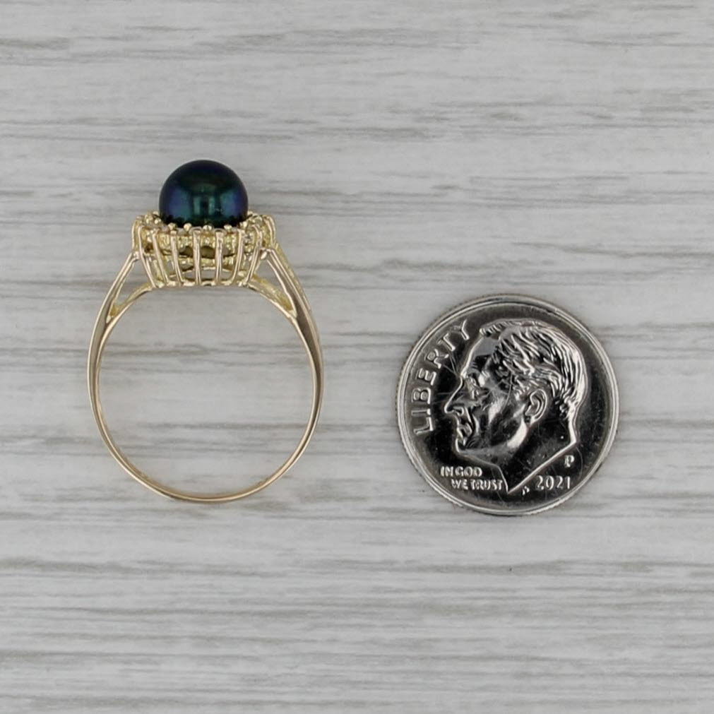 7mm Black Cultured Pearl Diamond Halo Ring 14k Yellow Gold Size 7