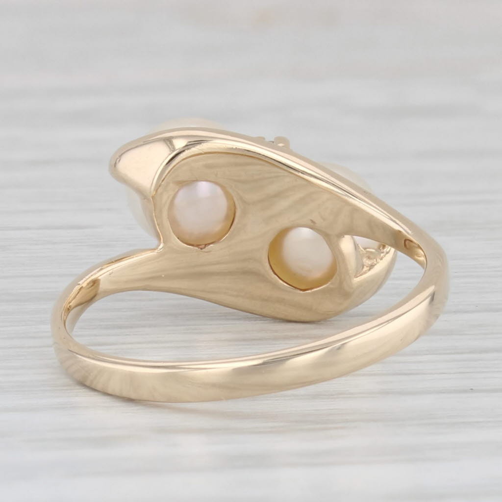 Light Gray 2 Stone Cultured Pearl Bypass Diamond Ring 10k Yellow Gold Size 6.25