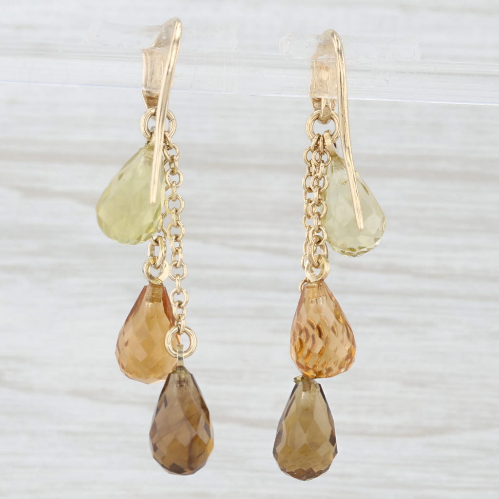 Light Gray Briolette Citrine & Lemon Quartz Dangle Earrings 14k Yellow Gold Hook Posts