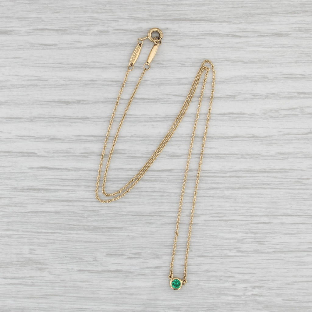 Tiffany Peretti Color by the Yard Emerald Solitaire Necklace 18k Gold Boxes 16"