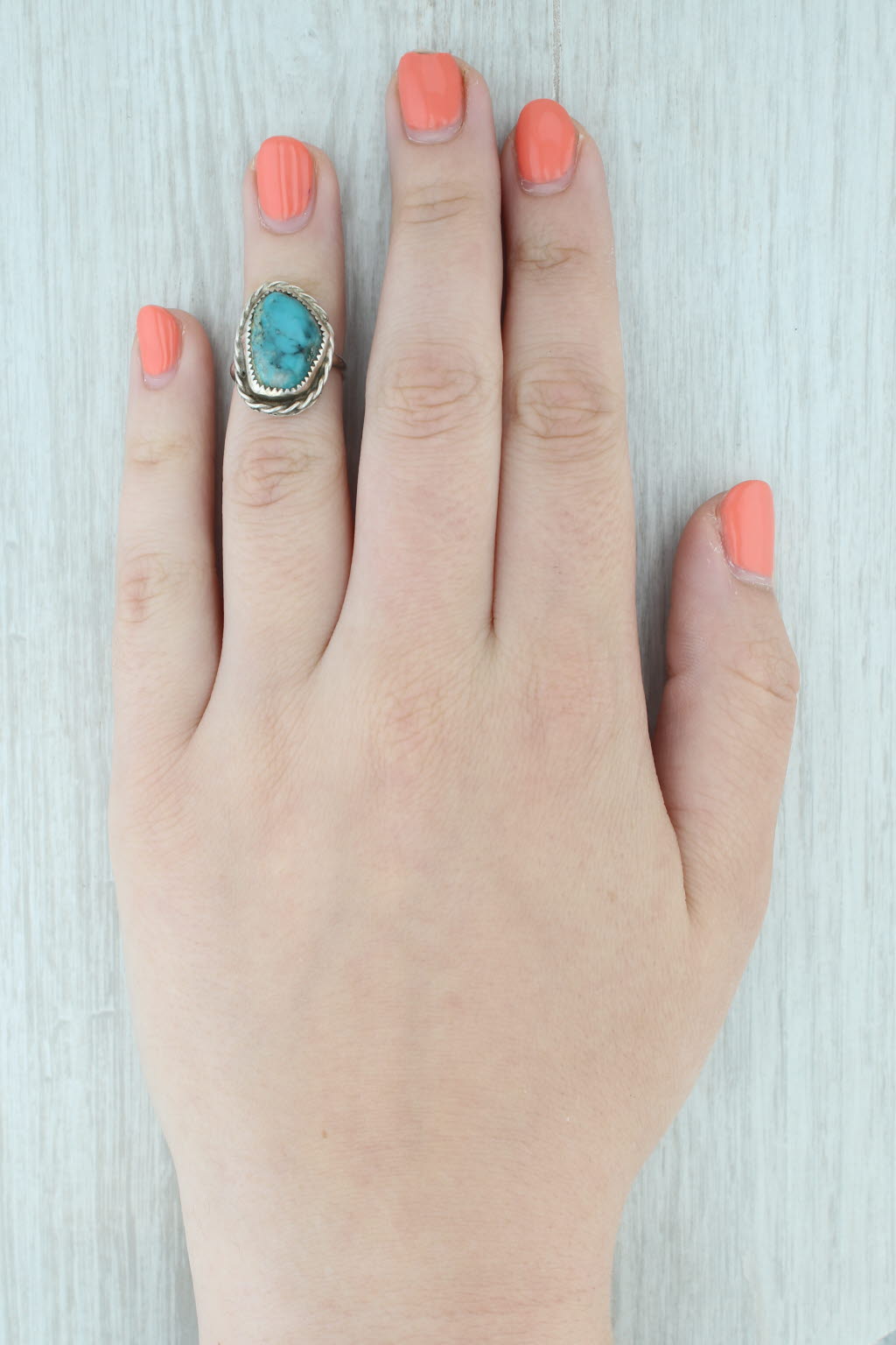 Turquoise Cabochon Ring Sterling Silver Vintage Native American Signed Sz 4.75