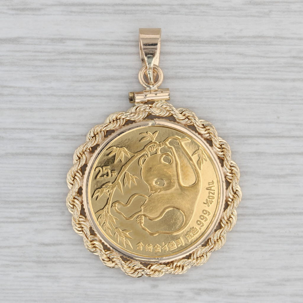 Gray Authentic Chinese Panda Coin Pendant 14k Bezel 1/4ozt 999 Gold 1985 25 Yuan