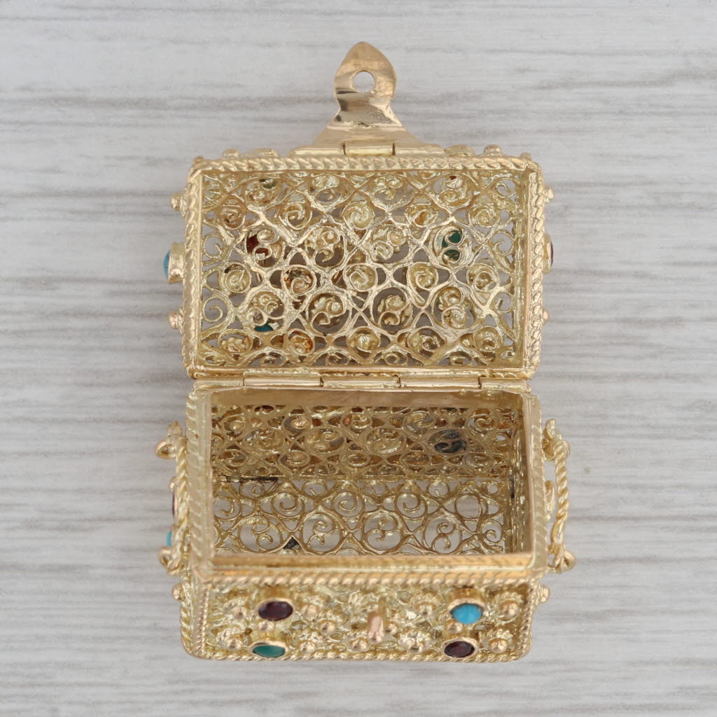 Gray Etruscan Style Gemstone Treasure Chest Charm 800 Gold Pendant Garnet Turquoise