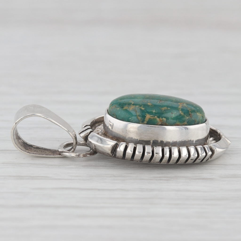 Light Gray Vintage Native American Green Turquoise Pendant Sterling Silver Signed NJ