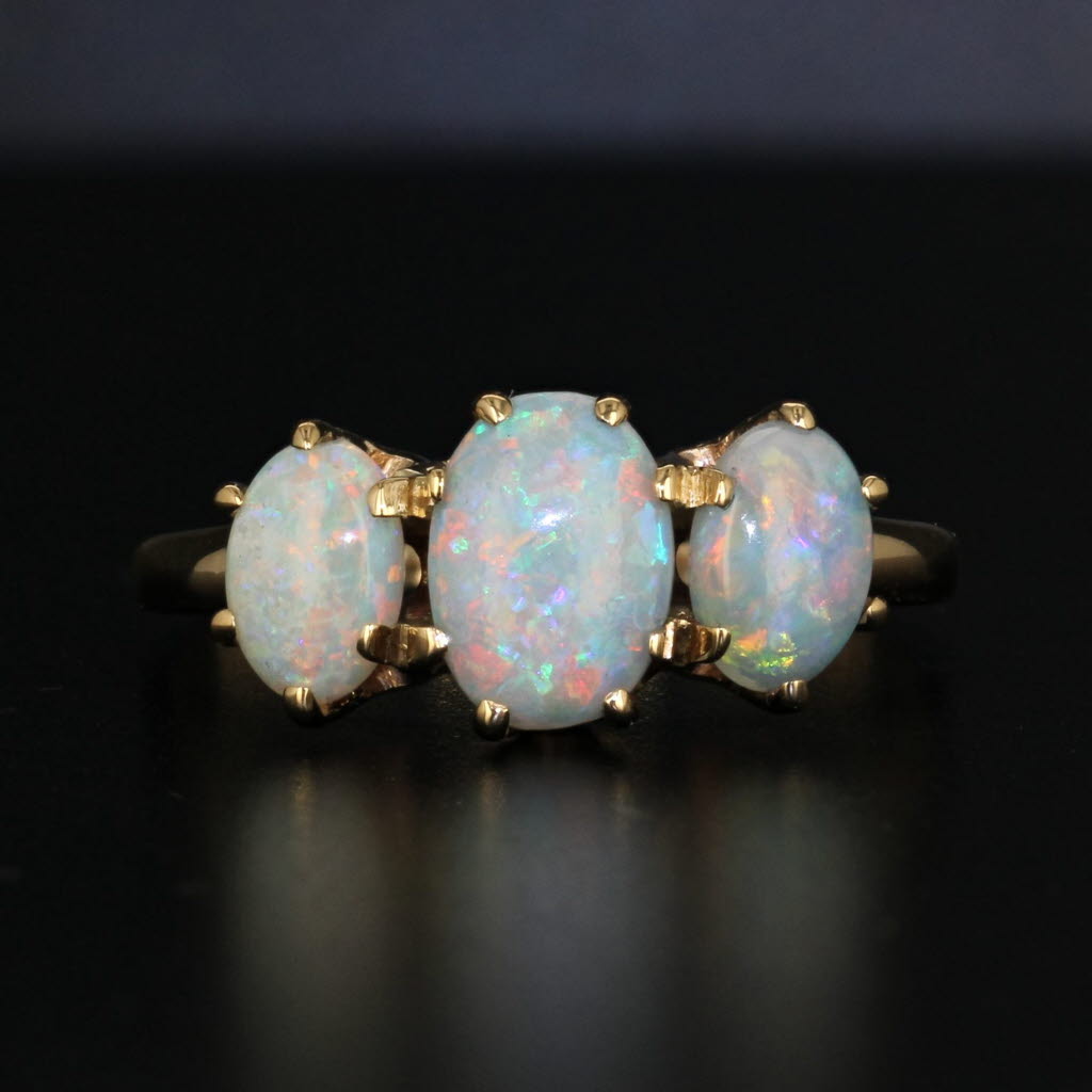 Black Victorian Oval 3-Stone Opal Ring 10k Yellow Gold Size 7.75 Antique