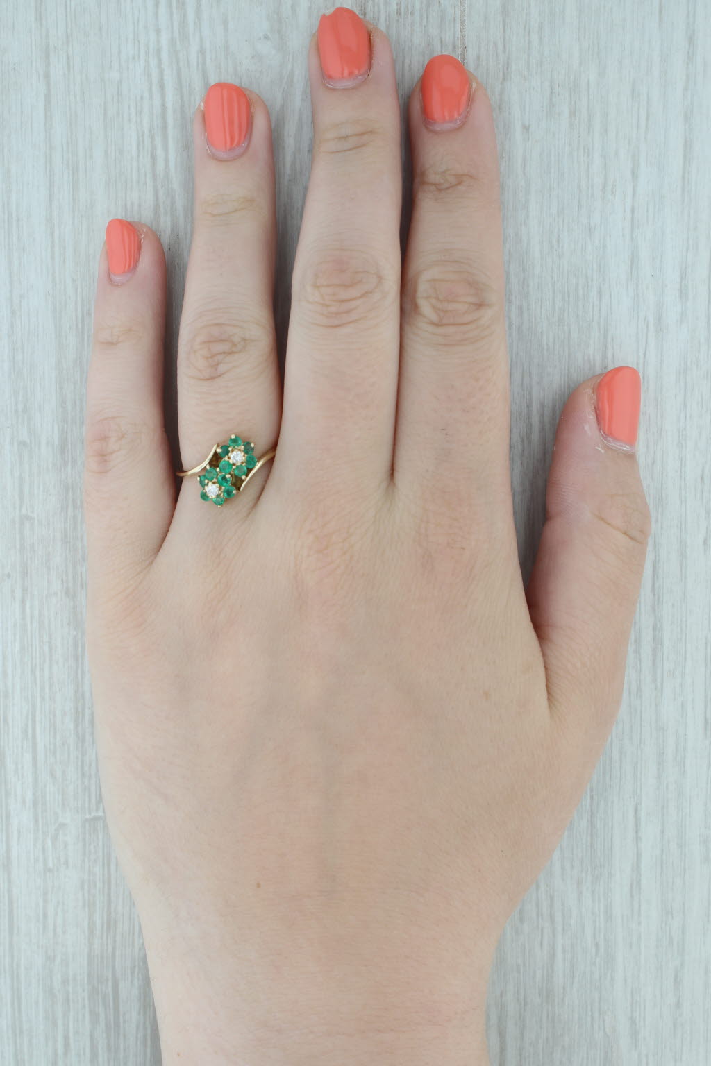 Gray 0.58ctw Emerald Diamond Flower Bypass Ring 14k Yellow Gold Size 8.5