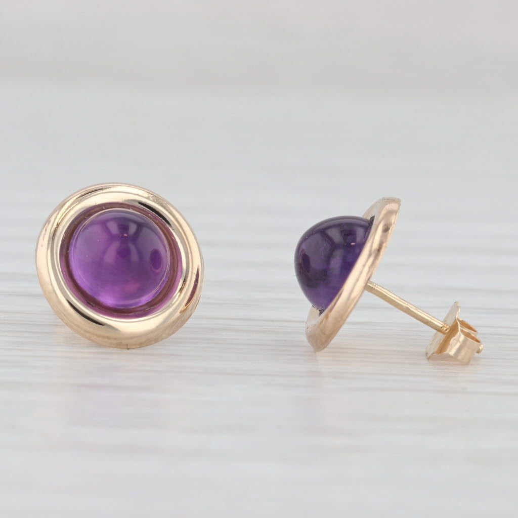 Light Gray Amethyst Round Cabochon Solitaire Stud Earrings 14k Yellow Gold