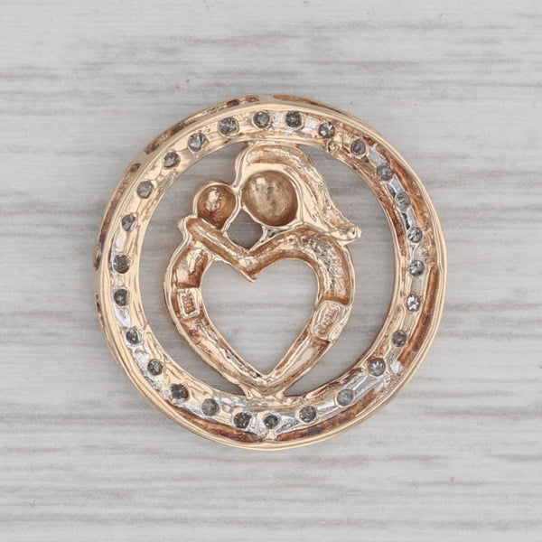 Diamond Accented Mother and Child Heart Circle Pendant 10k Yellow Gold