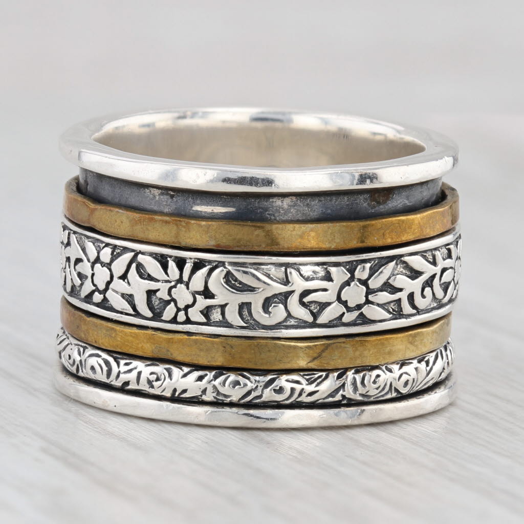Light Gray Silpada Floral Spinner Ring Sterling Silver Brass Statement Band Size 8.25