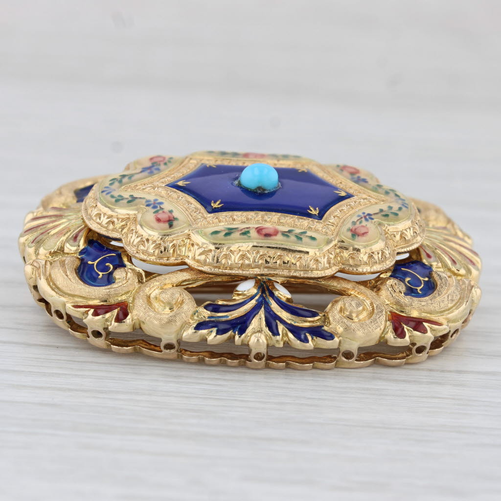 Light Gray Antique Turquoise Ornate Floral Brooch 18k Gold Enamel Pin