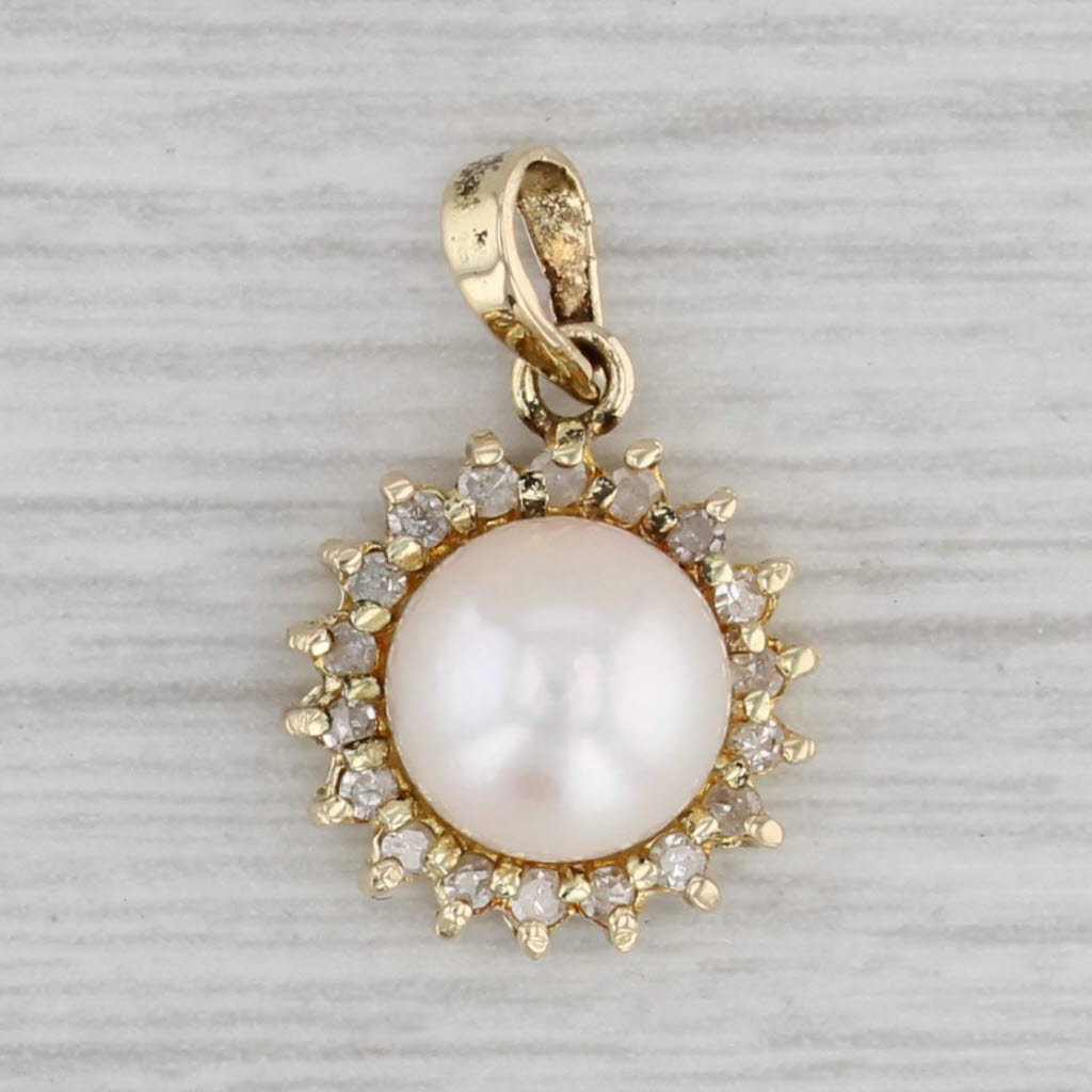Gray Cultured Pearl Diamond Halo Pendant 14k Yellow Gold Small Drop