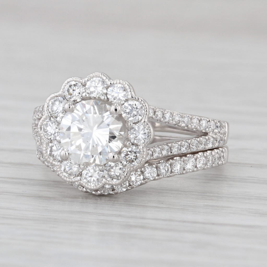 2.08ctw GIA Diamond Flower Halo Engagement Ring Wedding Band Bridal Set 14k Gold