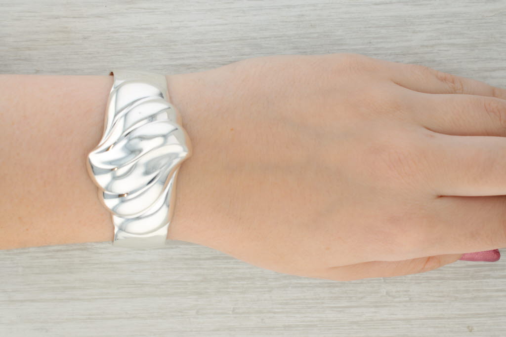 Tan Scalloped Beveled Statement Cuff Bracelet Sterling Silver 7.5"