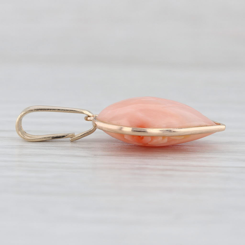 Peach Pink Coral Floral Carved Heart Pendant 14k Yellow Gold