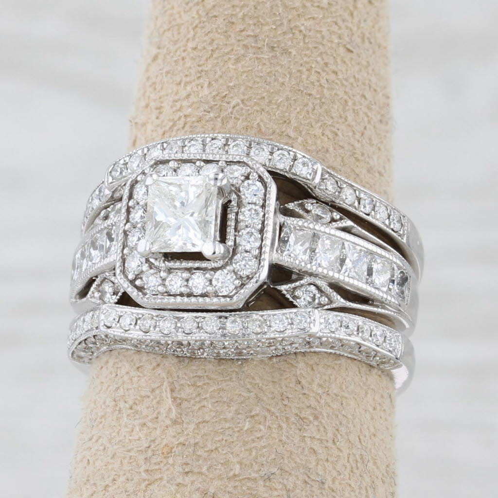 Light Gray 1.45ctw Diamond Halo Engagement Ring Wedding Band Bridal Set 14k White Gold