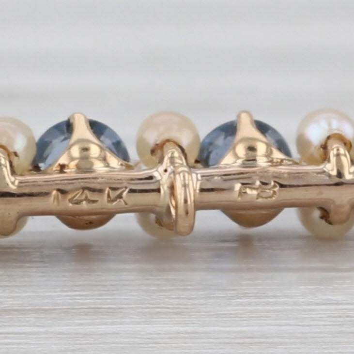 Seed Pearl Lab Created Blue Sapphire Bar Brooch 14k Yellow Gold Pin