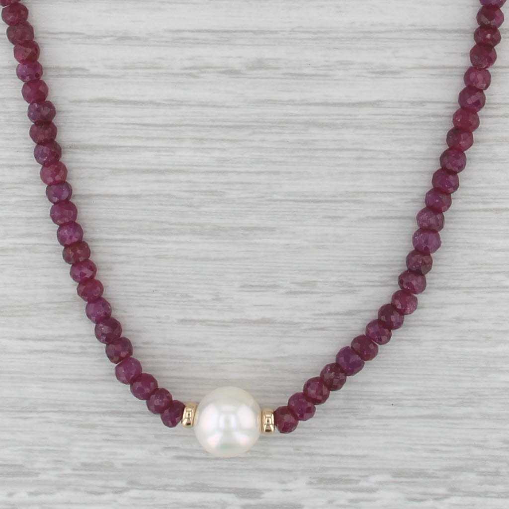 Cultured Pearl Ruby Bead Strand Necklace 14k Yellow Gold 18"