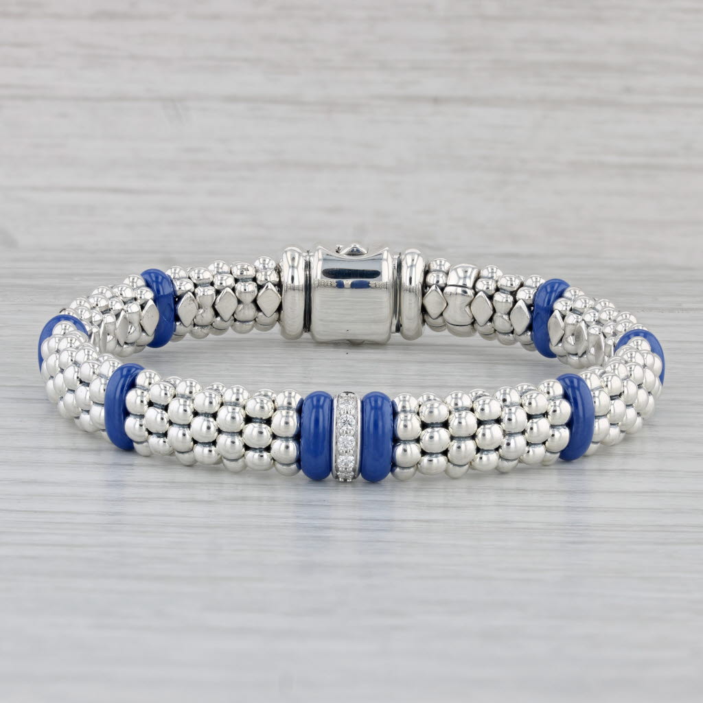 Gray Lagos Bead Bracelet 0.10ctw Diamond Sterling Silver Blue Ceramic 6.75" w/ Bag