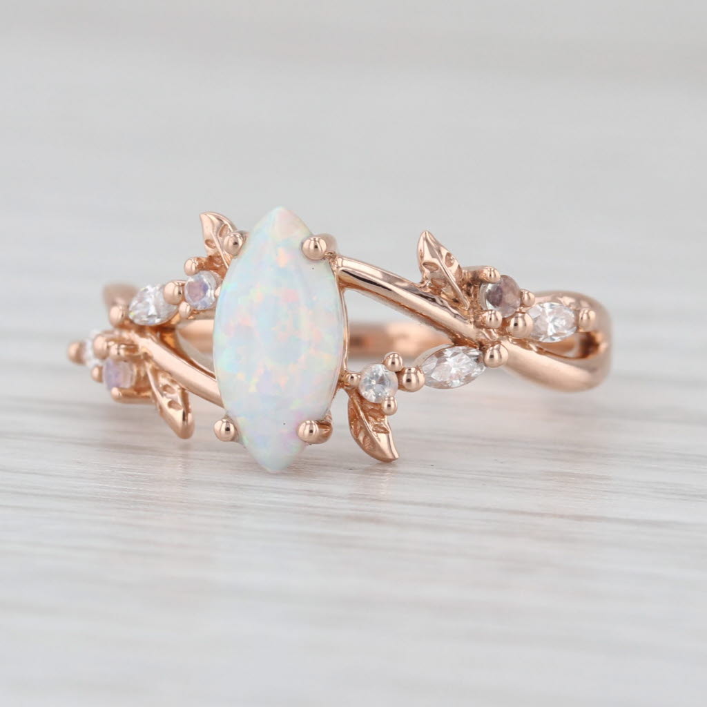 Navette Lab Created Opal Moonstone Diamond Ring 18k Rose Gold Size 6.5