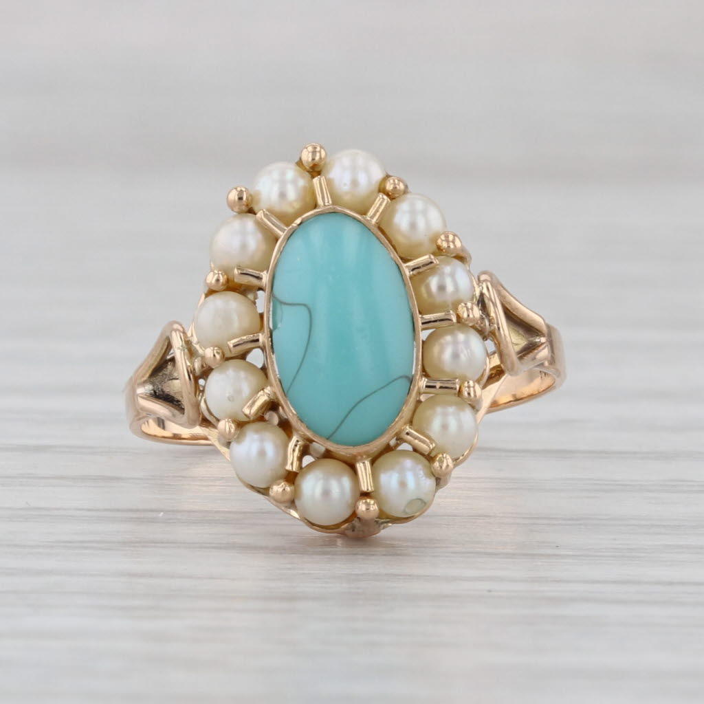 Vintage Glass Cultured Pearl Halo Ring 14k Yellow Gold Size 6