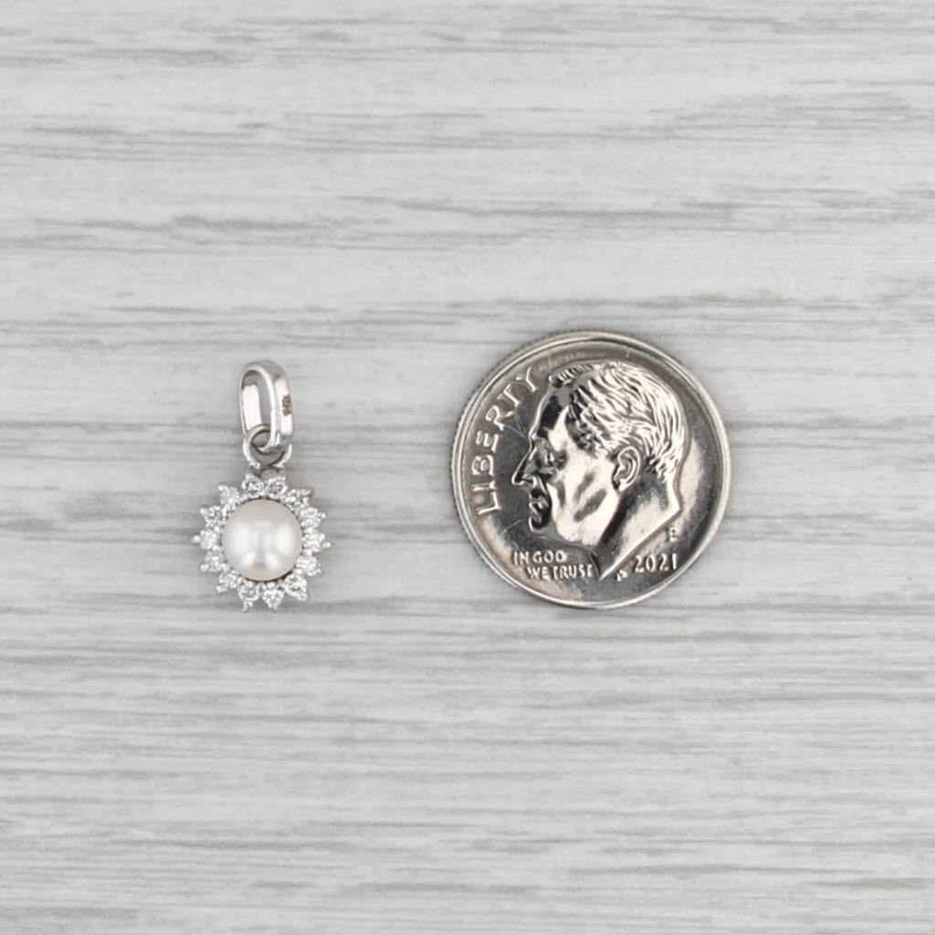 Small 5.1mm Cultured Pearl 0.16ctw Diamond Halo Pendant 14k White Gold
