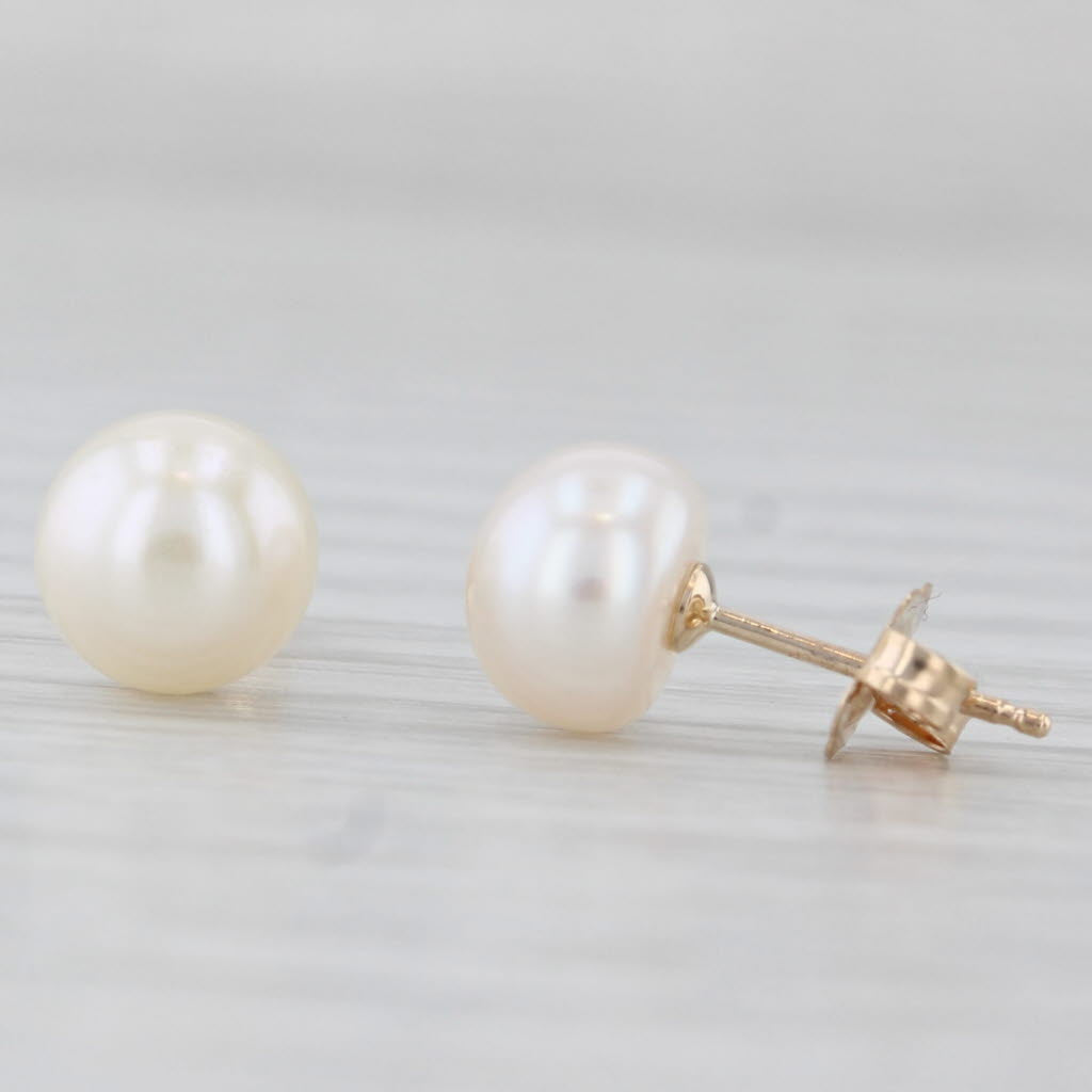 Light Gray Cultured Pearl Solitaire Stud Earrings 14k Yellow Gold 7mm