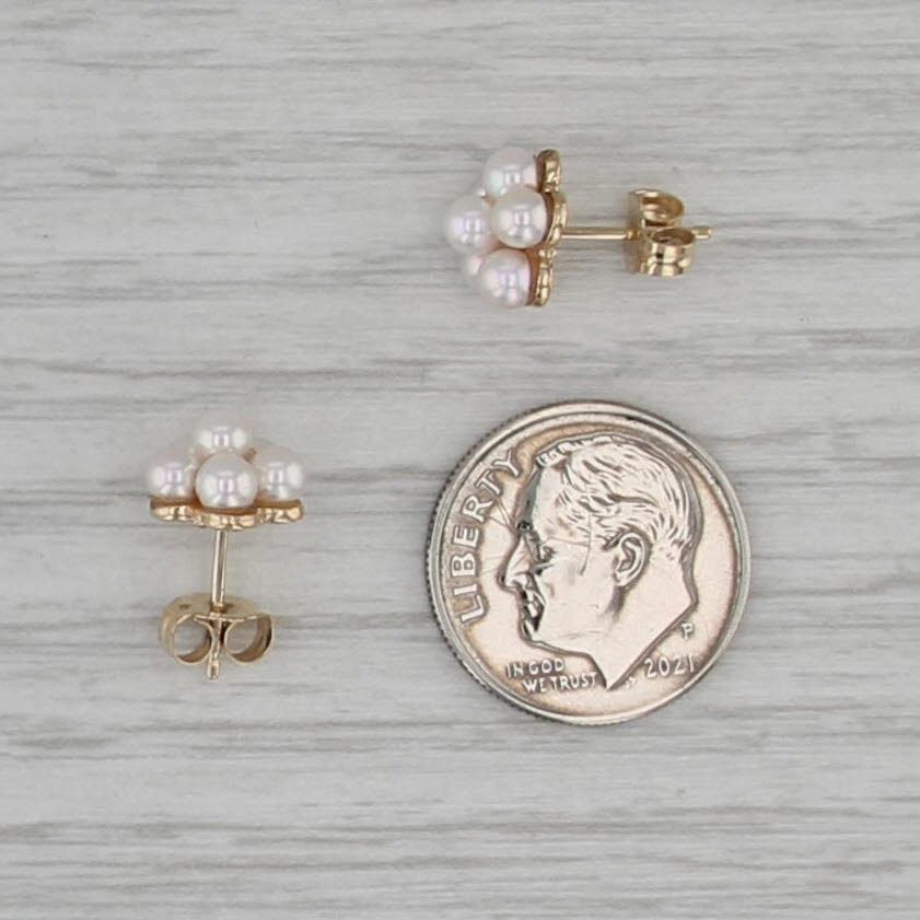 Vintage Cultured Pearl Cluster Stud Earrings 14k Yellow Gold Studs