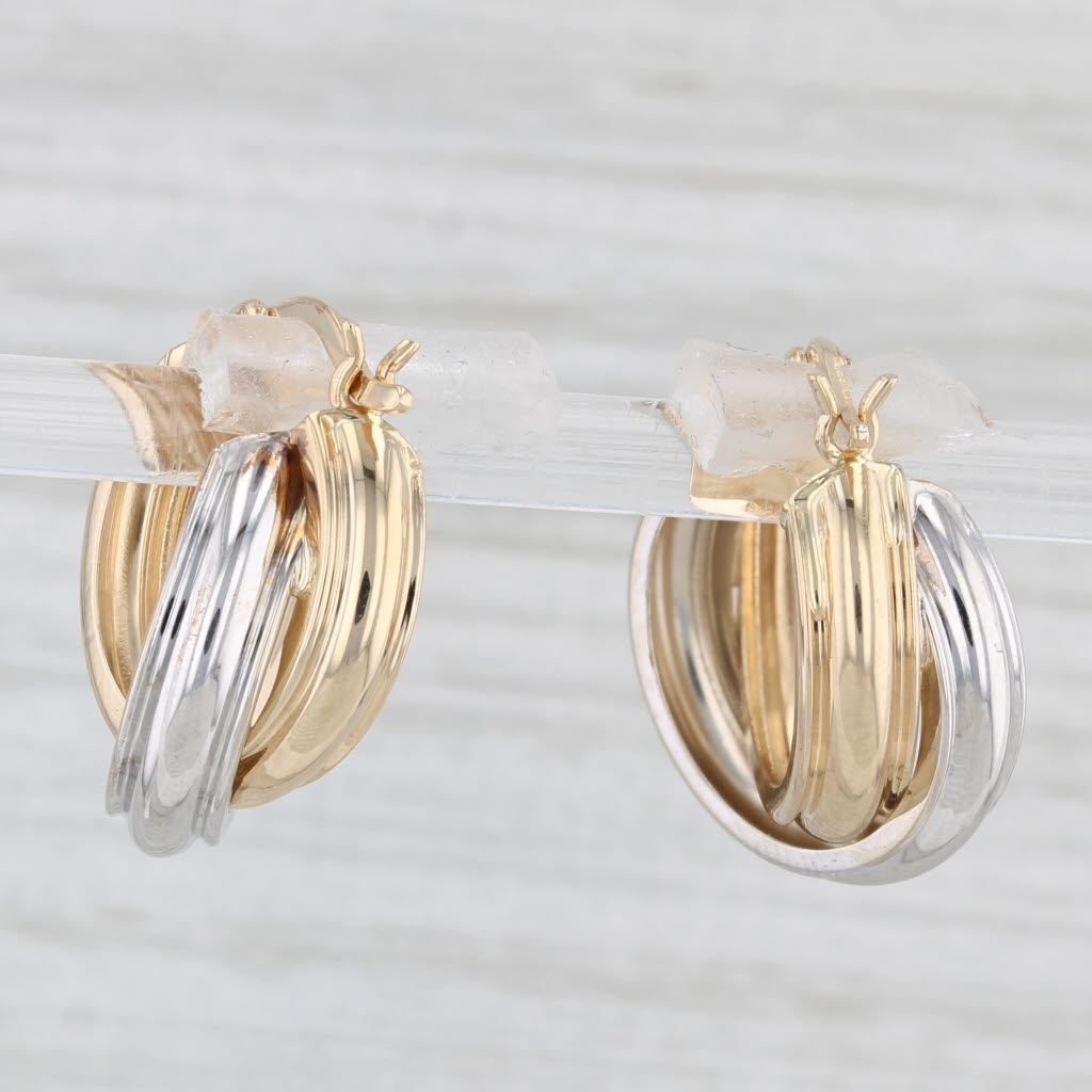 Light Gray 2-Toned Hoop Huggie Earrings 14k White Yellow Gold Snap Top Round Hoops