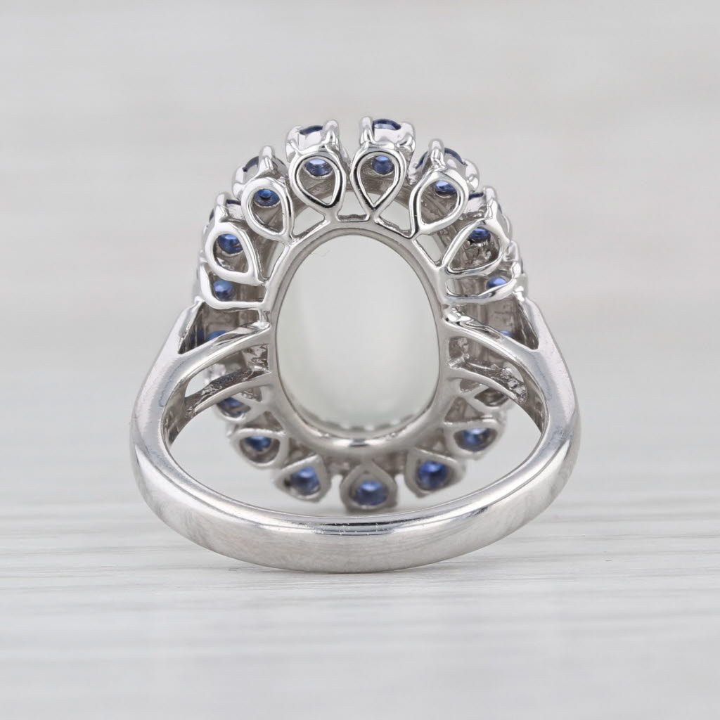 Blue Sapphire Cat's Eye Moonstone Ring 14k White Gold Size 6 Oval Cabochon