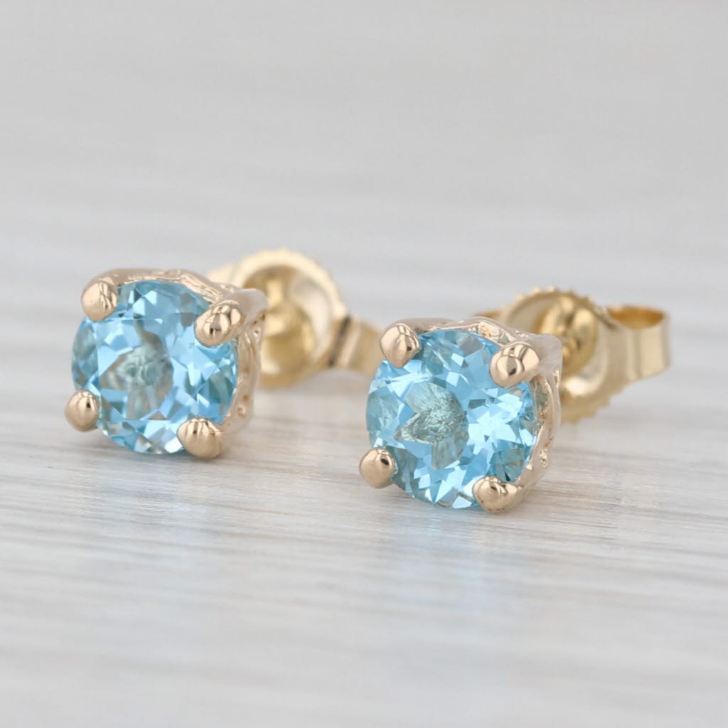 Light Gray 1.20ctw Blue Topaz Round Solitaire Stud Earrings 14k Yellow Gold