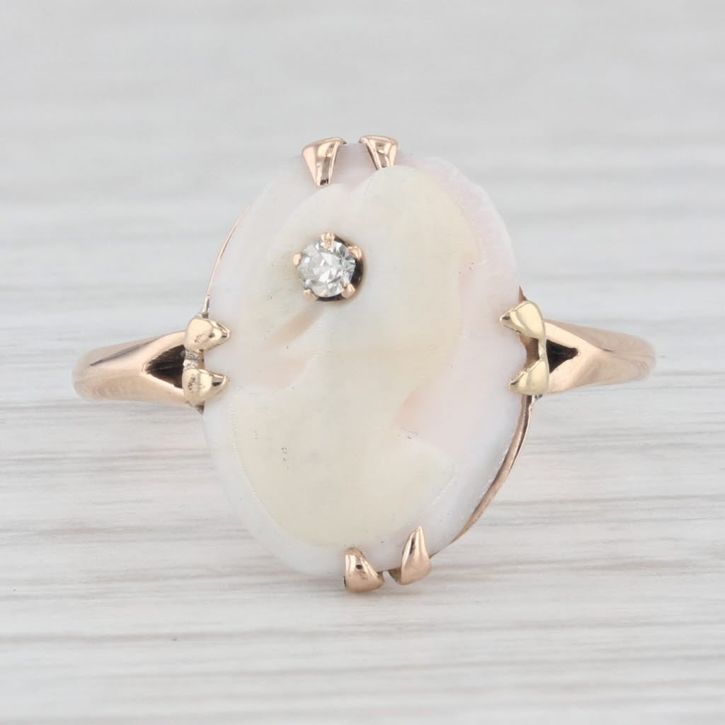 Light Gray Antique Carved Shell Cameo Diamond Ring 10k Yellow Gold Size 6.25