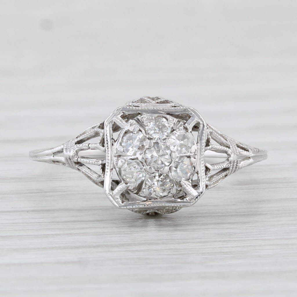 Light Gray Art Deco 0.25ctw Diamond Solitaire Ring 18k White Gold Filigree Sz 6 Engagement