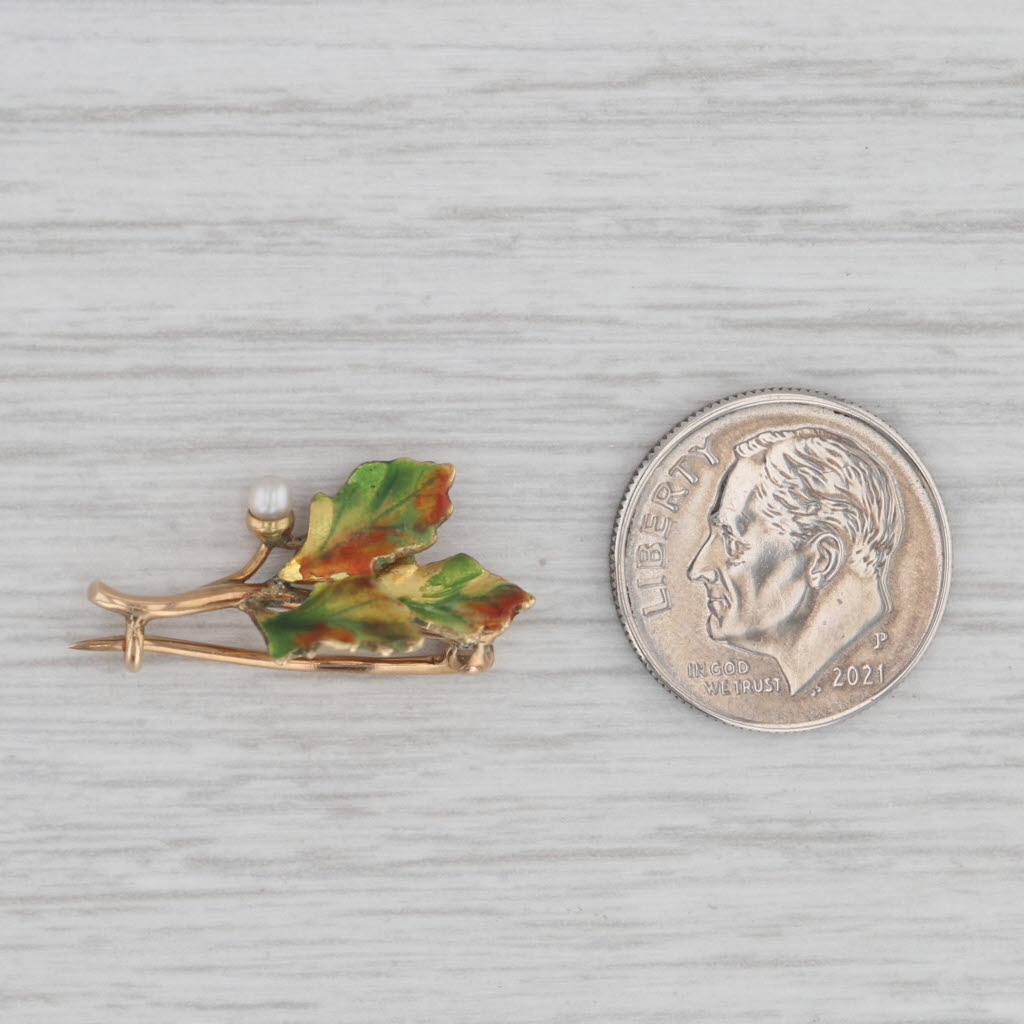 Gray Antique Seed Pearl Enamel Leaf Brooch 14k Yellow Gold Pin