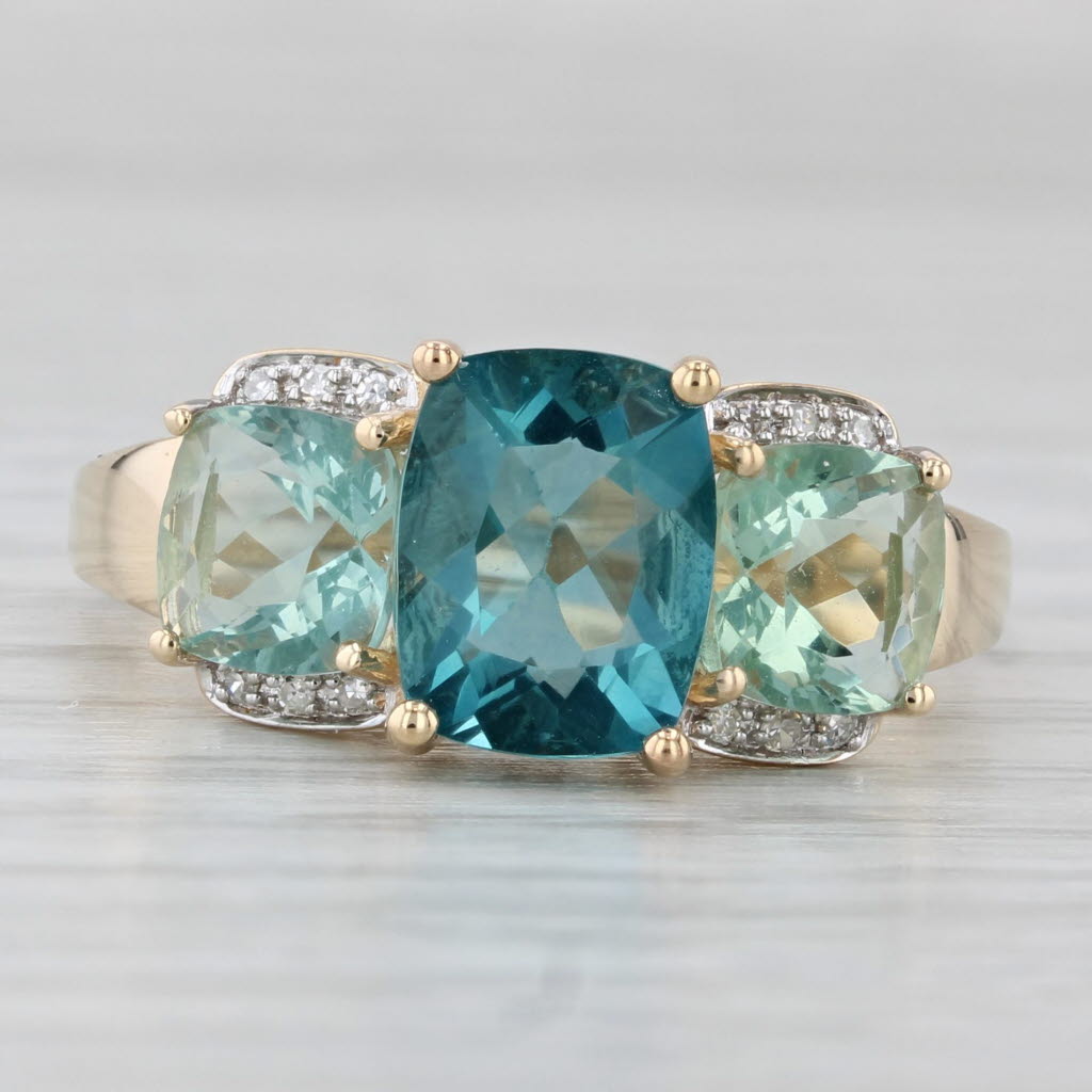 Light Gray 4.92ctw Fluorite 3-Stone Ring 14k Yellow Gold Diamond Accents Size 9.25