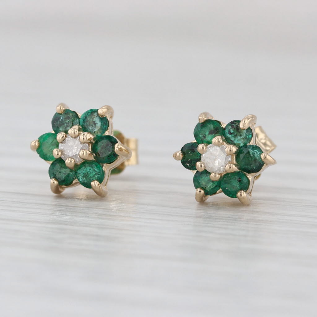 0.58ctw Emerald Diamond Flower Stud Earrings 14k Yellow Gold Studs