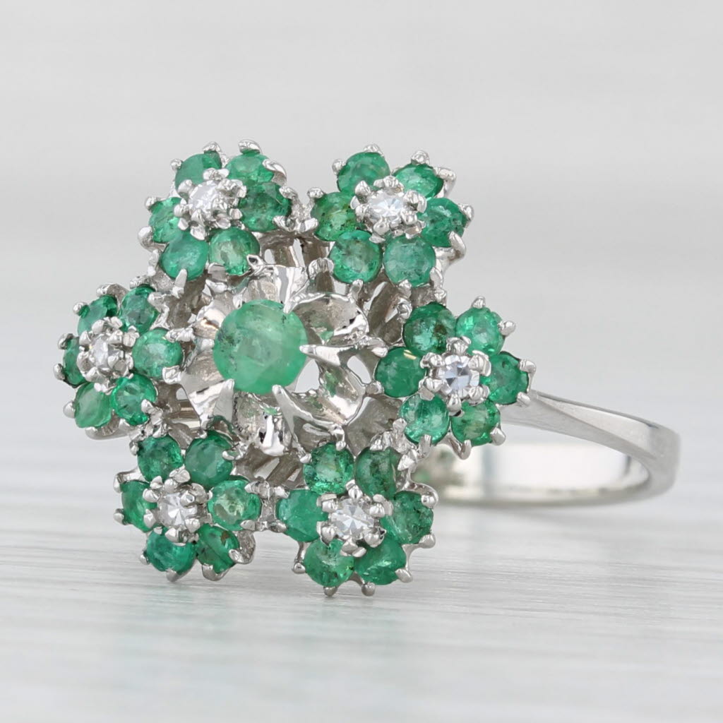 Light Gray 0.74ctw Emerald Diamond Flower Cluster Ring 18k White Gold Size 6.75