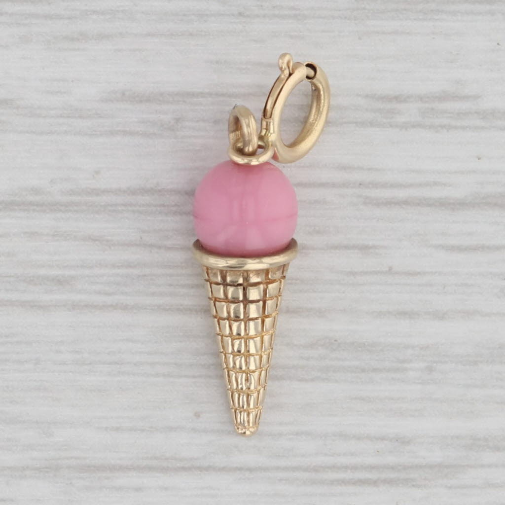 Gray Ice Cream Cone Charm 14k Yellow Gold Pink Enamel Pendant