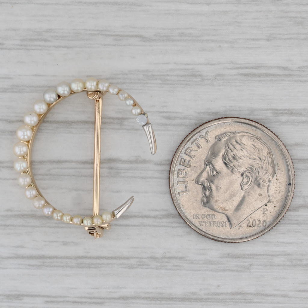 Gray Vintage Seed Pearl Crescent Moon Pin 14k Yellow Gold Brooch