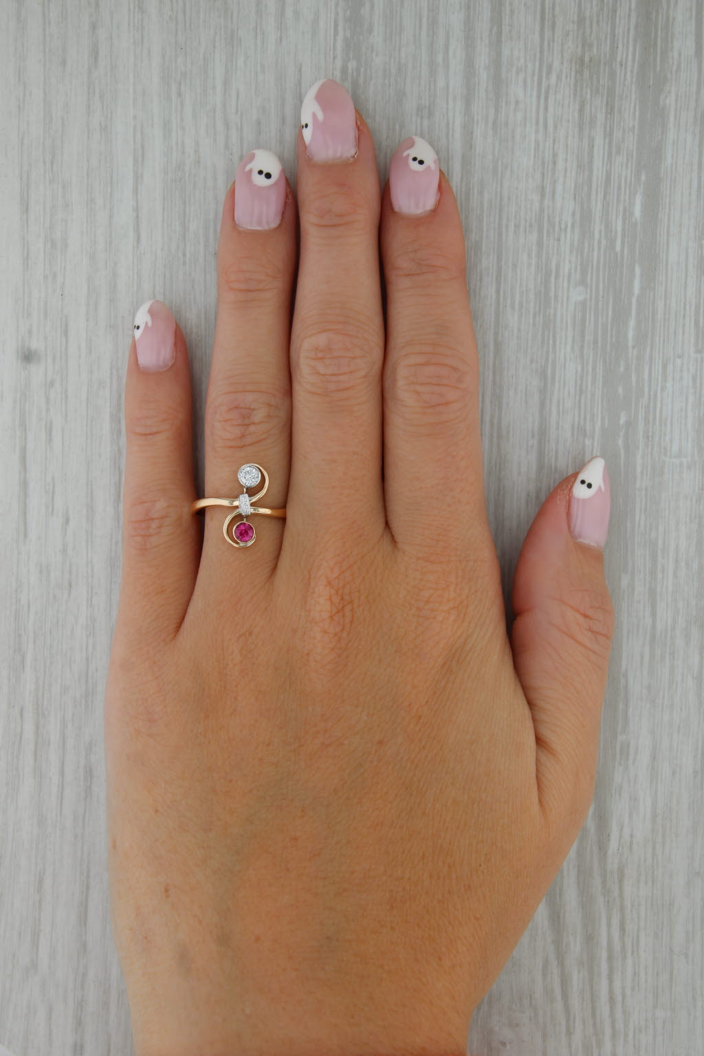 Lab Created Ruby Diamond Bypass Ring 14k Yellow Gold Size 7.25