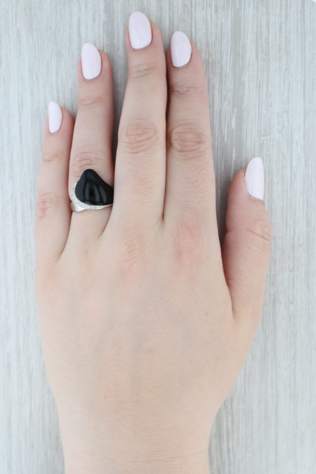Gray Baroque Devitrified Black Glass Diamond Ring 14k White Gold Size 8.25 Statement