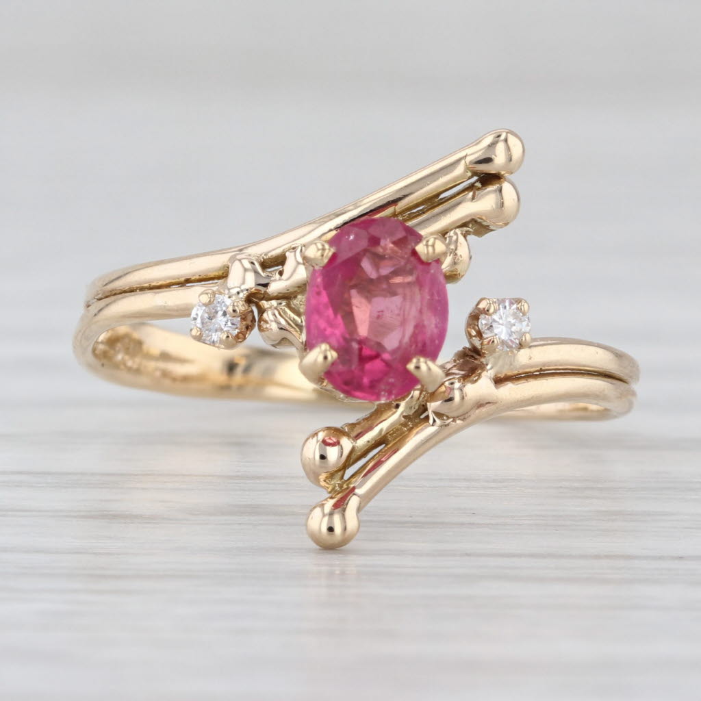 0.70ct Pink Tourmaline Diamond Ring 14k Yellow Gold Bypass Size 8.25