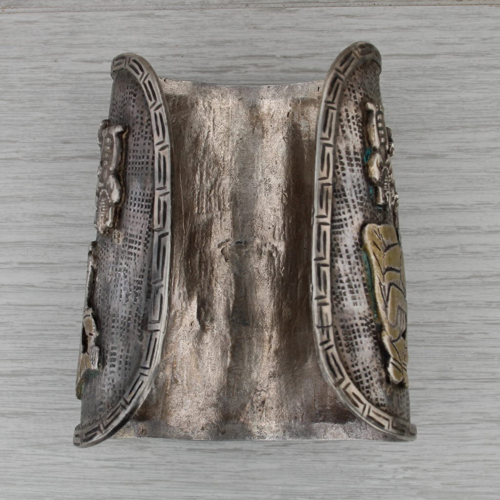 Vintage Peruvian Figural Tribal Wrist Plate Guard Sterling Silver Large Cuff