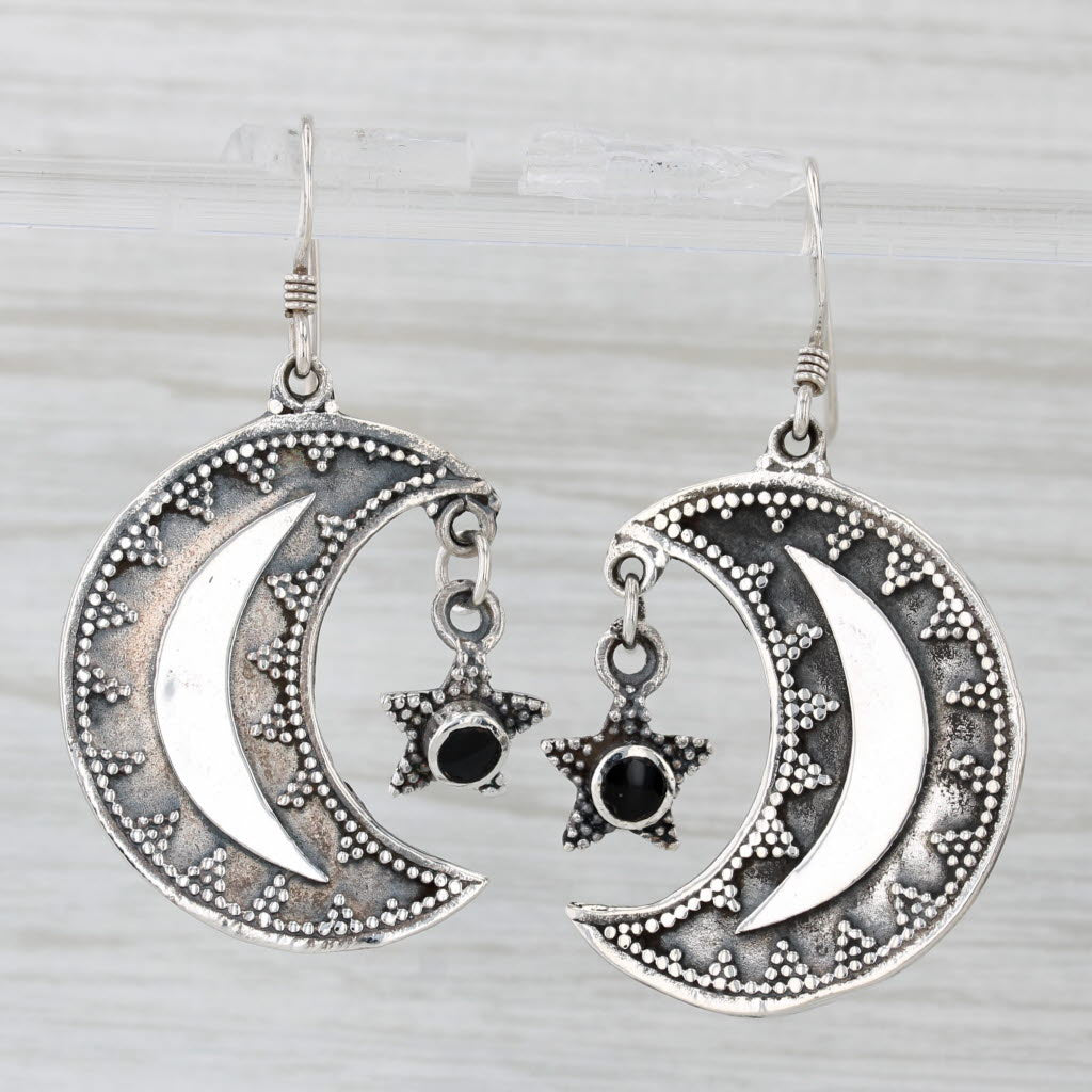 Light Gray Onyx Crescent Moon Stars Dangle Earrings Sterling Silver Hook Posts Statement