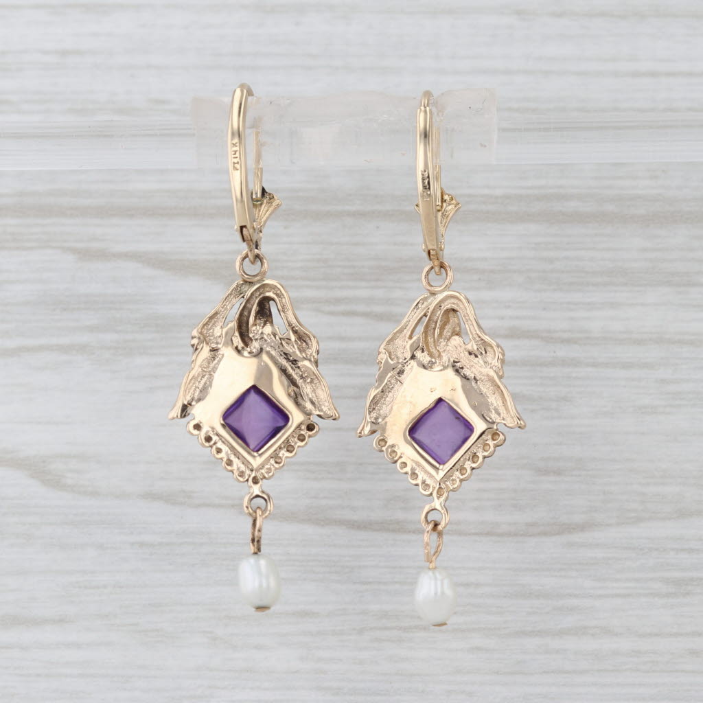 Ornate Amethyst Cultured Pearl Dangle Earrings 14k Yellow Gold Hook Post Drops