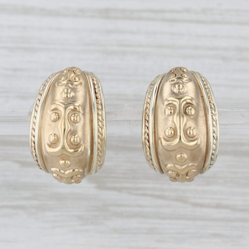 Ornate J-Hook Earrings 14k Yellow Gold Resin Filled Light Weight Pierced Drops