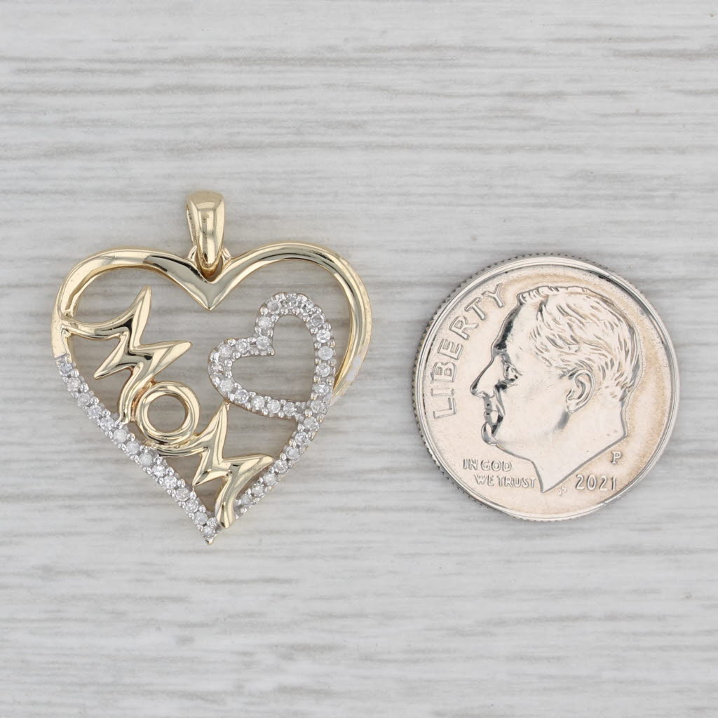 Gray Diamond MOM Heart Pendant 10k Yellow Gold Gift Keepsake